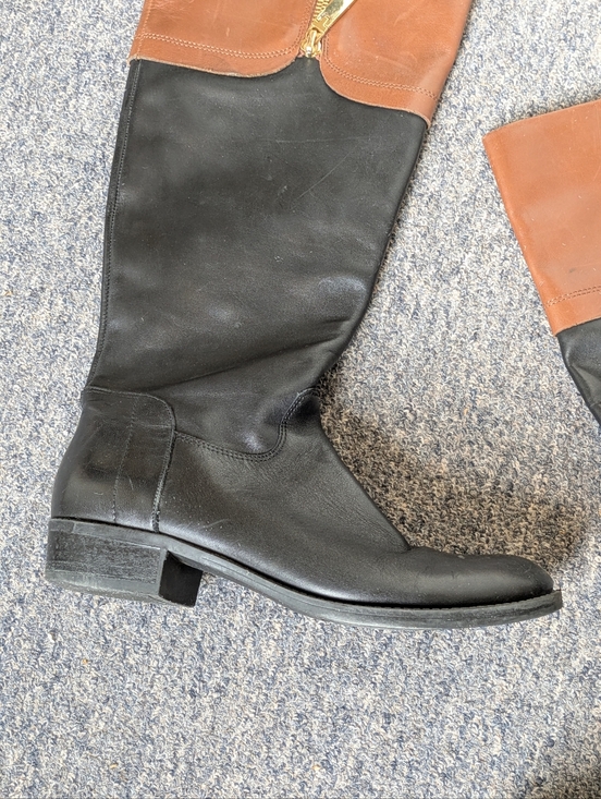 Tommy Hilfiger Black Tan Leather Riding Boots Size 6 Zipper - Picture 2 of 16